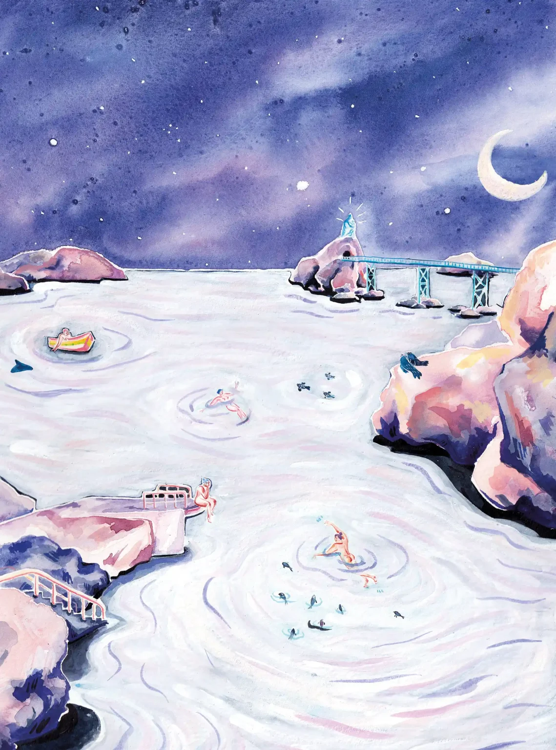 Les ours la nuit – aquarelle de Lola Camus