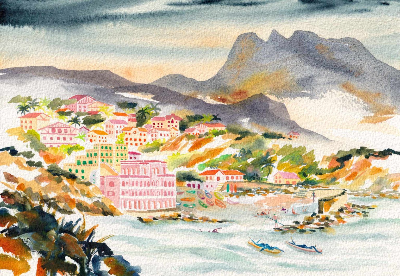 Les toits de Guethary – aquarelle de Lola Camus